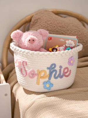 Personalized Woven Basket – Custom Name Storage Basket for Baby Toys, Nursery Organizer or Pet Toy Bin, Handmade Gift