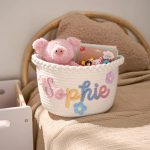 Personalized Woven Basket – Custom Name Storage Basket for Baby Toys, Nursery Organizer or Pet Toy Bin, Handmade Gift