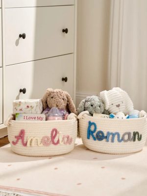 Personalized Woven Basket – Custom Name Storage Basket for Baby Toys, Nursery Organizer or Pet Toy Bin, Handmade Gift