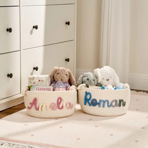 Personalized Woven Basket – Custom Name Storage Basket for Baby Toys, Nursery Organizer or Pet Toy Bin, Handmade Gift