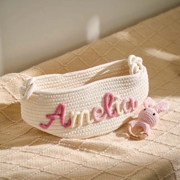 Personalized Baby Gift Set – Custom Name Basket and Crochet Rattle, Handmade Newborn Gift, Baby Shower Present for Boys & Girls