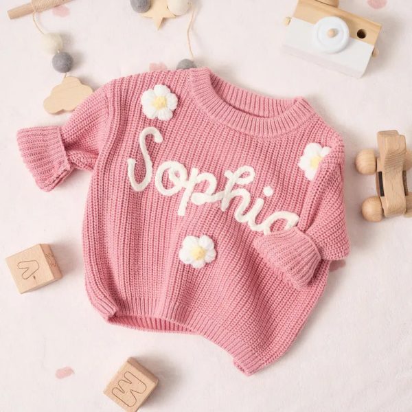 Personalized Baby Sweater – Custom Name Knit Jumper, Handmade Toddler Sweatshirt, Baby Shower Gift