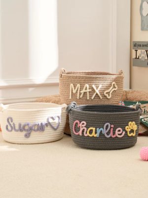 Personalized Pet Toy Basket – Custom Woven Storage Basket with Name, Dog or Cat Toy Organizer, Pet Gift Basket