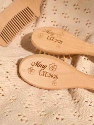 Baby Haarbürste Set personalisiert, Holz Babybürste & Massagebürste, Gravur mit Name, Neugeborenen Geschenk, Wooden Baby Brush Set