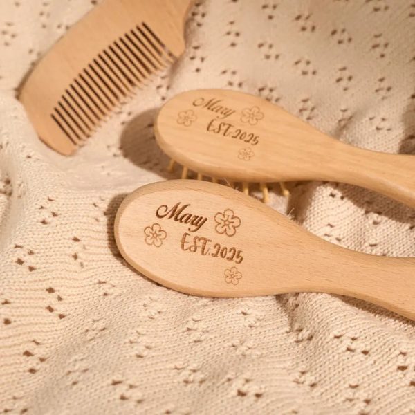 Baby Haarbürste Set personalisiert, Holz Babybürste & Massagebürste, Gravur mit Name, Neugeborenen Geschenk, Wooden Baby Brush Set