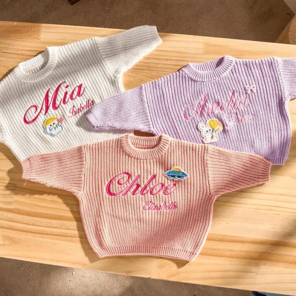 Personalized Baby Sweater – Custom Embroidered Name Knit Jumper, Handmade Toddler Sweatshirt, Baby Shower Gift