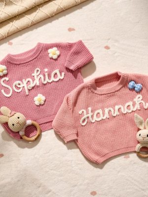 Personalized Baby Gift Set – Custom Name Sweater and Crochet Rattle, Handmade Newborn Gift, Baby Shower Present for Boys & Girls