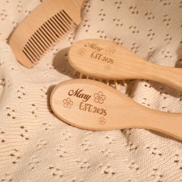 Baby Haarbürste Set personalisiert, Holz Babybürste & Massagebürste, Gravur mit Name, Neugeborenen Geschenk, Wooden Baby Brush Set