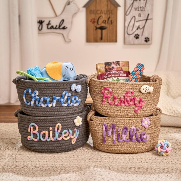 Personalized Pet Toy Basket – Custom Woven Storage Basket with Name, Dog or Cat Toy Organizer, Pet Gift Basket