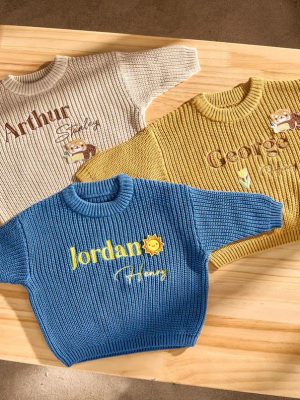 Personalized Baby Sweater – Custom Embroidered Name Knit Jumper, Handmade Toddler Sweatshirt, Baby Shower Gift