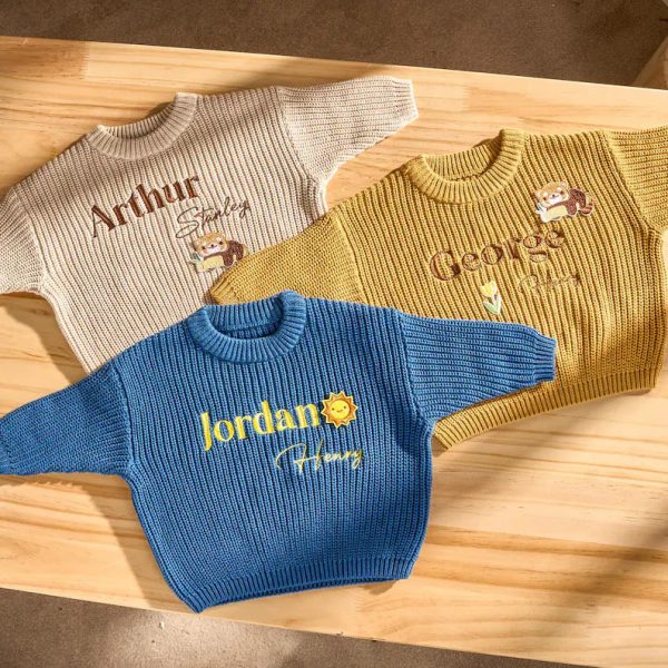 Personalized Baby Sweater – Custom Embroidered Name Knit Jumper, Handmade Toddler Sweatshirt, Baby Shower Gift