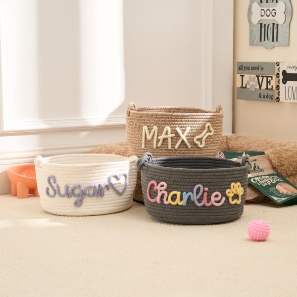 Personalized Pet Toy Basket – Custom Woven Storage Basket with Name, Dog or Cat Toy Organizer, Pet Gift Basket