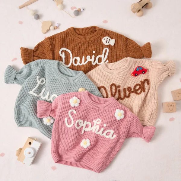 Personalized Baby Sweater – Custom Name Knit Jumper, Handmade Toddler Sweatshirt, Baby Shower Gift