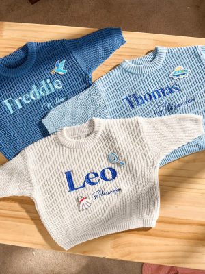 Personalized Baby Sweater – Custom Embroidered Name Knit Jumper, Handmade Toddler Sweatshirt, Baby Shower Gift