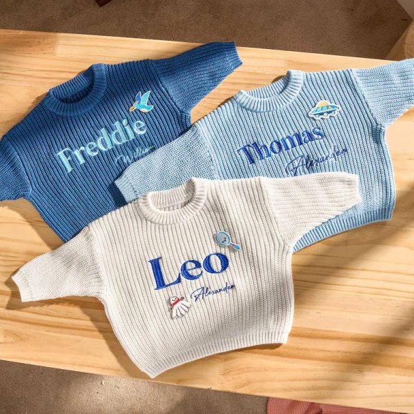 Personalized Baby Sweater – Custom Embroidered Name Knit Jumper, Handmade Toddler Sweatshirt, Baby Shower Gift