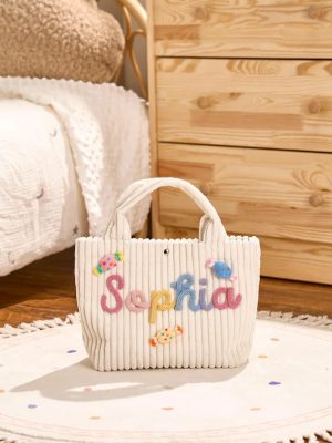 Personalized Corduroy Tote Bag – Custom Name Kids Bag, Toddler Handbag, Preschool Gift, Cute Mini Tote for Boys & Girls