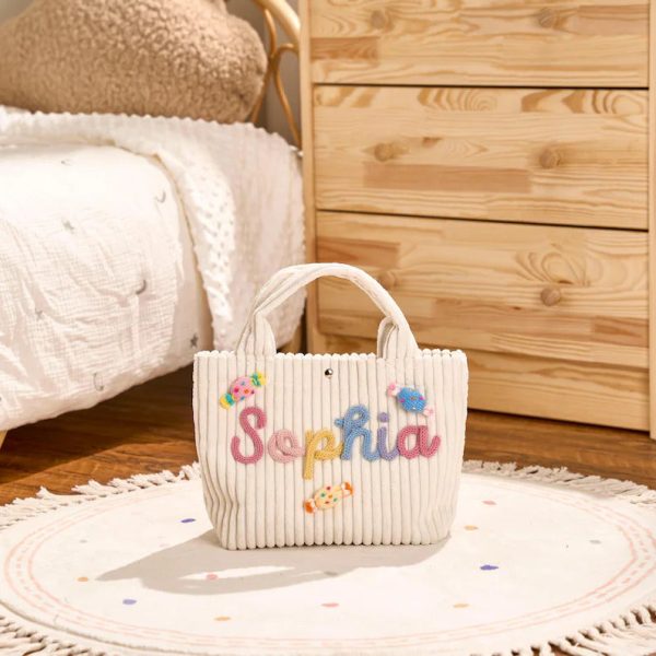 Personalized Corduroy Tote Bag – Custom Name Kids Bag, Toddler Handbag, Preschool Gift, Cute Mini Tote for Boys & Girls