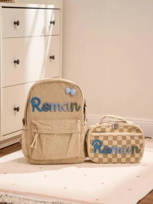 Personalized Corduroy Backpack and Lunch Bag Set – Custom Name School Bag for Kids, Toddler Preschool Bag, Back to School Gift