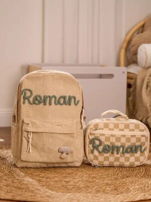 Personalized Corduroy Backpack and Lunch Bag Set – Custom Name School Bag for Kids, Toddler Preschool Bag, Back to School Gift