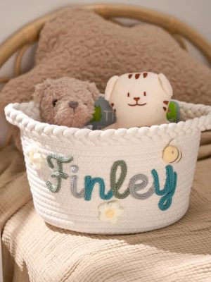 Personalized Woven Basket – Custom Name Storage Basket for Baby Toys, Nursery Organizer or Pet Toy Bin, Handmade Gift