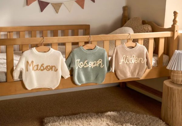 Personalized Baby Sweater – Custom Name Knit Jumper, Handmade Toddler Sweatshirt, Baby Shower Gift