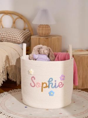 Personalized Woven Basket – Custom Name Storage Basket for Baby Toys, Nursery Organizer or Pet Toy Bin, Handmade Gift