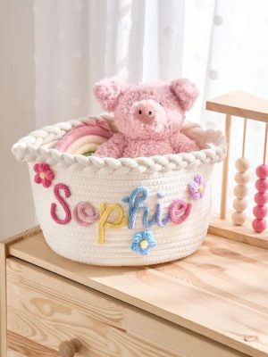 Personalized Woven Basket – Custom Name Storage Basket for Baby Toys, Nursery Organizer or Pet Toy Bin, Handmade Gift