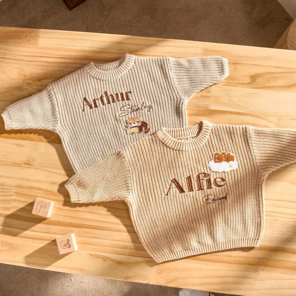 Personalized Baby Sweater – Custom Embroidered Name Knit Jumper, Handmade Toddler Sweatshirt, Baby Shower Gift