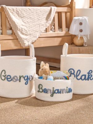 Personalized Woven Basket – Custom Name Storage Basket for Baby Toys, Nursery Organizer or Pet Toy Bin, Handmade Gift