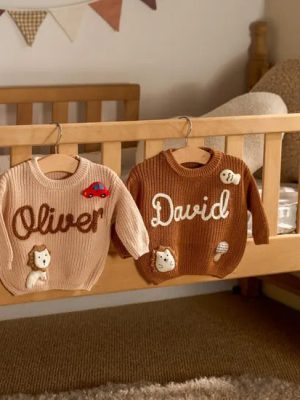 Personalized Baby Sweater – Custom Name Knit Jumper, Handmade Toddler Sweatshirt, Baby Shower Gift