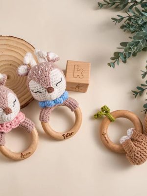 Personalized Baby Rattle – Handmade Newborn Toy, Custom Name Teether Rattle, Baby Shower Gift for Boys & Girls