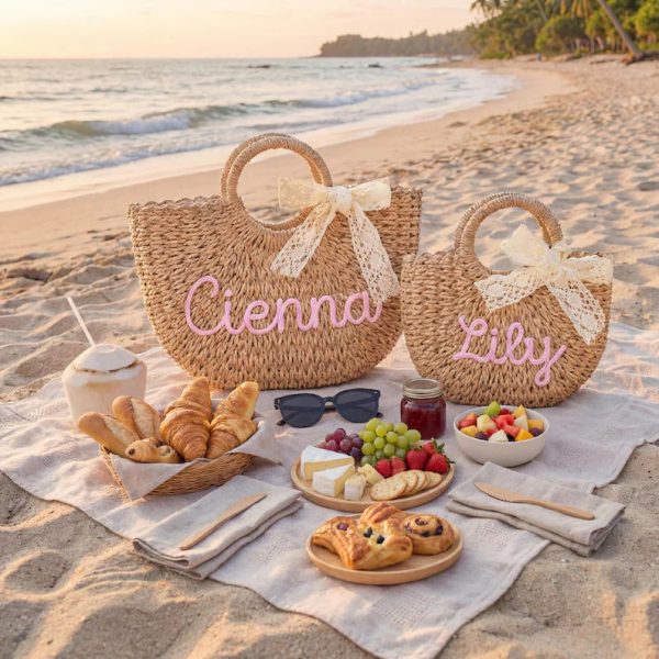 Personalized Mother Daughter Straw Bag Set, Custom Large Beach Tote & Small Crossbody, Matching Mommy and Me Summer Bags, Gift for Her