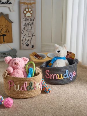 Personalized Pet Toy Basket – Custom Woven Storage Basket with Name, Dog or Cat Toy Organizer, Pet Gift Basket