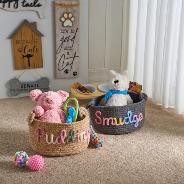 Personalized Pet Toy Basket – Custom Woven Storage Basket with Name, Dog or Cat Toy Organizer, Pet Gift Basket