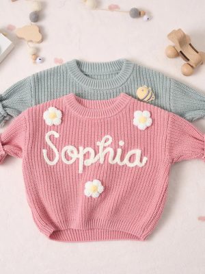 Personalized Baby Sweater – Custom Name Knit Jumper, Handmade Toddler Sweatshirt, Baby Shower Gift