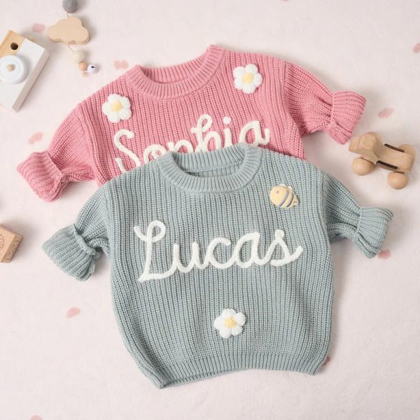 Personalized Baby Sweater – Custom Name Knit Jumper, Handmade Toddler Sweatshirt, Baby Shower Gift
