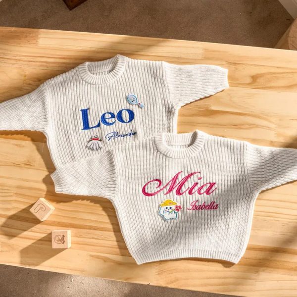 Personalized Baby Sweater – Custom Embroidered Name Knit Jumper, Handmade Toddler Sweatshirt, Baby Shower Gift