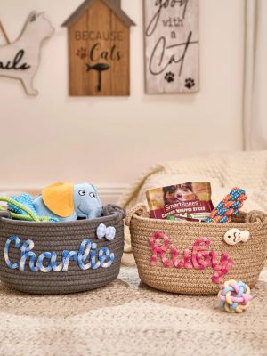 Personalized Pet Toy Basket – Custom Woven Storage Basket with Name, Dog or Cat Toy Organizer, Pet Gift Basket