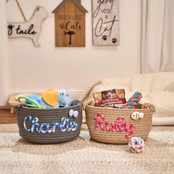 Personalized Pet Toy Basket – Custom Woven Storage Basket with Name, Dog or Cat Toy Organizer, Pet Gift Basket