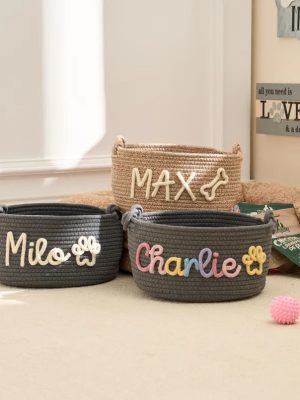 Personalized Pet Toy Basket – Custom Woven Storage Basket with Name, Dog or Cat Toy Organizer, Pet Gift Basket