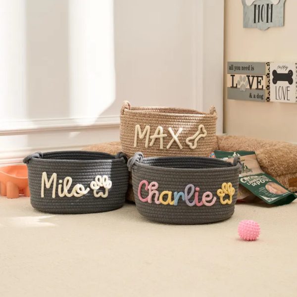 Personalized Pet Toy Basket – Custom Woven Storage Basket with Name, Dog or Cat Toy Organizer, Pet Gift Basket
