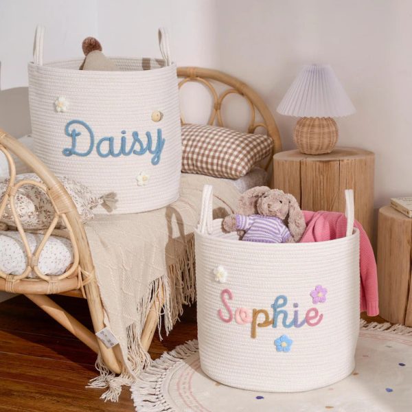 Personalized Woven Basket – Custom Name Storage Basket for Baby Toys, Nursery Organizer or Pet Toy Bin, Handmade Gift
