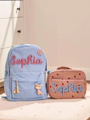 Personalized Corduroy Backpack and Lunch Bag Set – Custom Name School Bag for Kids, Toddler Preschool Bag, Back to School Gift