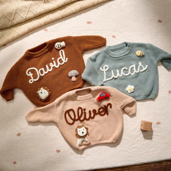 Personalized Baby Sweater – Custom Embroidered Name Knit Jumper, Handmade Toddler Sweatshirt, Baby Shower Gift