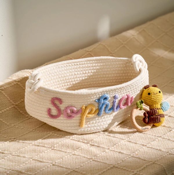 Personalized Baby Gift Set – Custom Name Basket and Crochet Rattle, Handmade Newborn Gift, Baby Shower Present for Boys & Girls