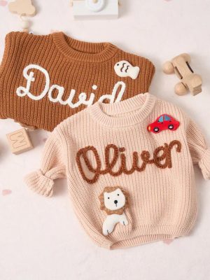 Personalized Baby Sweater – Custom Name Knit Jumper, Handmade Toddler Sweatshirt, Baby Shower Gift
