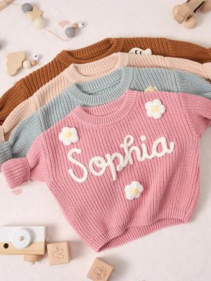 Personalized Baby Sweater – Custom Name Knit Jumper, Handmade Toddler Sweatshirt, Baby Shower Gift
