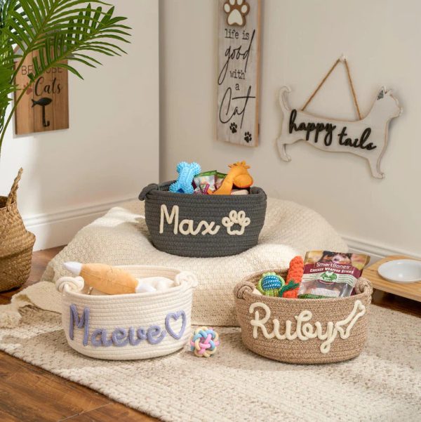 Personalized Pet Toy Basket – Custom Woven Storage Basket with Name, Dog or Cat Toy Organizer, Pet Gift Basket