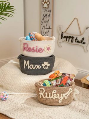 Personalized Pet Toy Basket – Custom Woven Storage Basket with Name, Dog or Cat Toy Organizer, Pet Gift Basket
