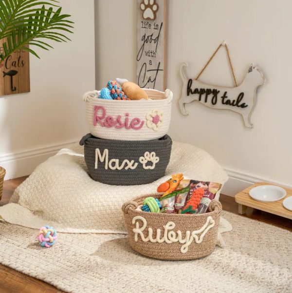 Personalized Pet Toy Basket – Custom Woven Storage Basket with Name, Dog or Cat Toy Organizer, Pet Gift Basket